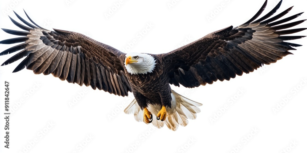 A majestic bald eagle spreads its wings and flies through the air, a symbol of freedom and power A majestic bald eagle spreads its wings and flies through the air, a symbol of freedom and power