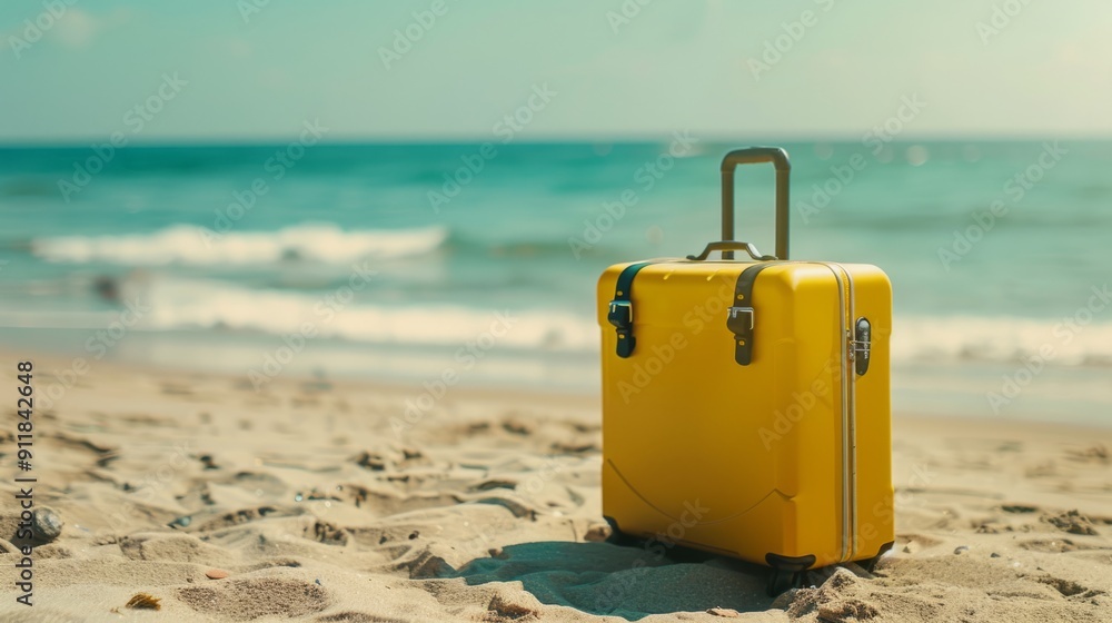 Modern yellow suitcase in the sand, in front of a beach generative ai Modern yellow suitcase in the sand, in front of a beach generative ai