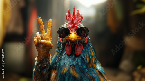 rooster wearing sunglasses and doing V-sign, funny cartoon. Design for Wall Art, Poster Print, Wallpaper & Background