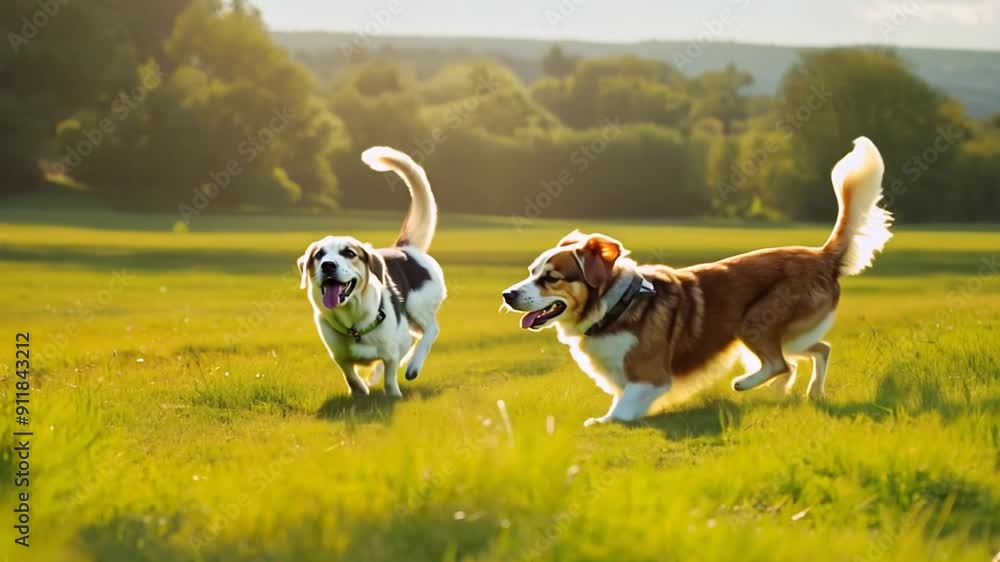 Playful Dogs Running Together in a Sunny Outdoor Meadow Generative AI Playful Dogs Running Together in a Sunny Outdoor Meadow Generative AI