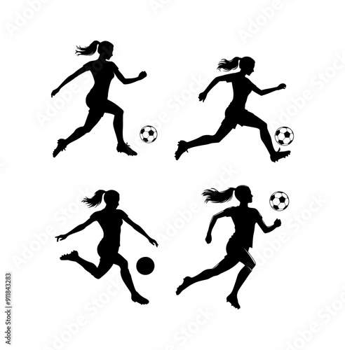 Set of soccer girl Silhouettes isolated on white background 