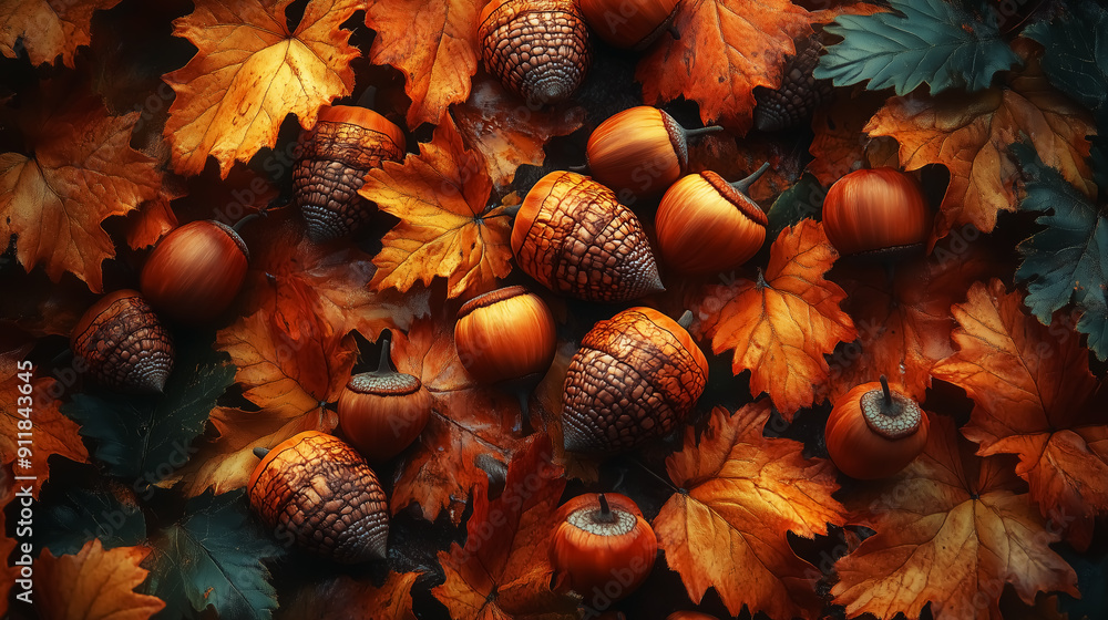 Obraz premium acorns in autumn, nuts pattern. Design for Wall Art, Poster Print, Wallpaper & Background