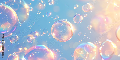 dreamy iridescent soap bubbles floating in pastel blue sky fantasy background
