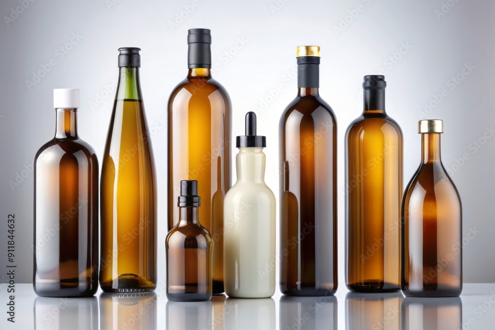 Sleek, modern bottles in various shapes and sizes, adorned with simple labels and caps, showcased against a clean white background, exuding minimalist elegance. Sleek, modern bottles in various shapes and sizes, adorned with simple labels and caps, showcased against a clean white background, exuding minimalist elegance.