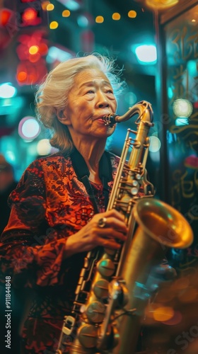 An elderly woman passionately performs on her saxophone surrounded by vibrant city lights