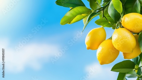 A lemon tree branch laden with ripe lemons, lush green leaves, blue sky background, vibrant and sunny scene, summer vibes