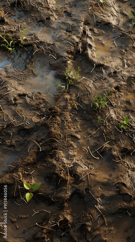 Fototapeta premium Serene wetlands, showcasing the beauty of marshy soil texture.