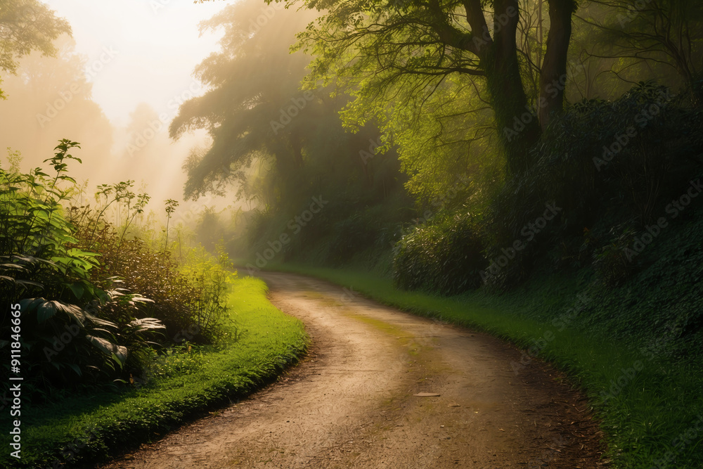 Obraz premium Green Forest Pathway Bathed in Morning Sunlight