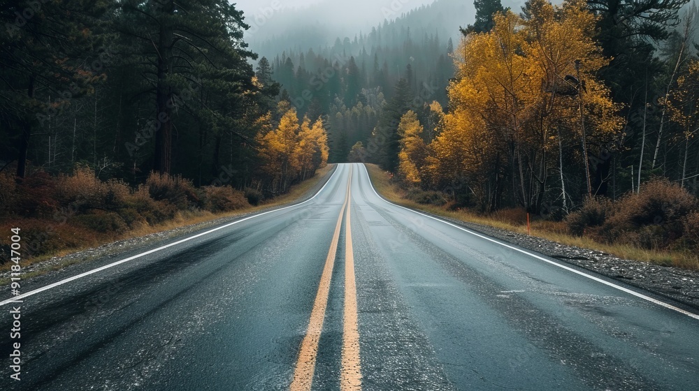 Fototapeta premium Rain-soaked mountain road surrounded by autumn trees.