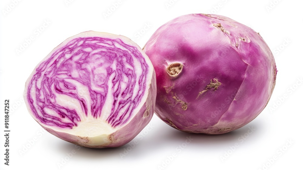 Cross-sectional view of a rutabaga, emphasizing its dense, nutrient-rich flesh and smooth skin. The fresh cut is highlighted against a white backdrop Cross-sectional view of a rutabaga, emphasizing its dense, nutrient-rich flesh and smooth skin. The fresh cut is highlighted against a white backdrop