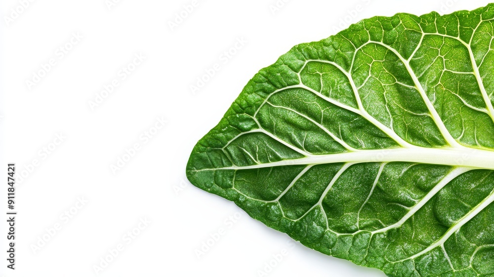 Detailed close-up of a halved chard leaf, focusing on the intricate vein pattern and color transition from stem to leaf. Set against a pure white background Detailed close-up of a halved chard leaf, focusing on the intricate vein pattern and color transition from stem to leaf. Set against a pure white background