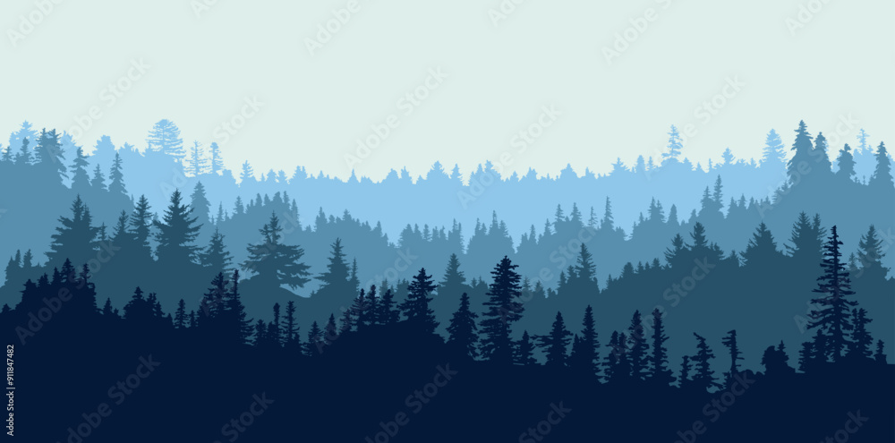 Fototapeta premium Panoramic caniferous woodland silhouette background