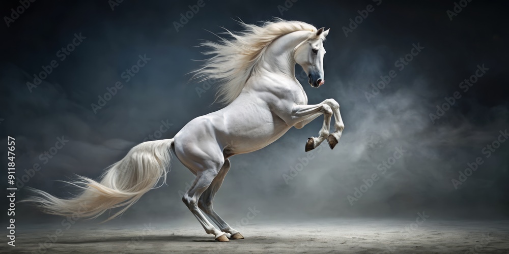 Fototapeta premium Magnificent white horse rears up on hind legs, muscles flexed, against a sleek grey background, exuding power, elegance, and freedom in a dramatic pose.