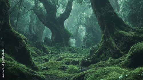 霧に包まれた森の中で、苔に覆われた古い木々が静かに佇んでいる光景が広がっている。