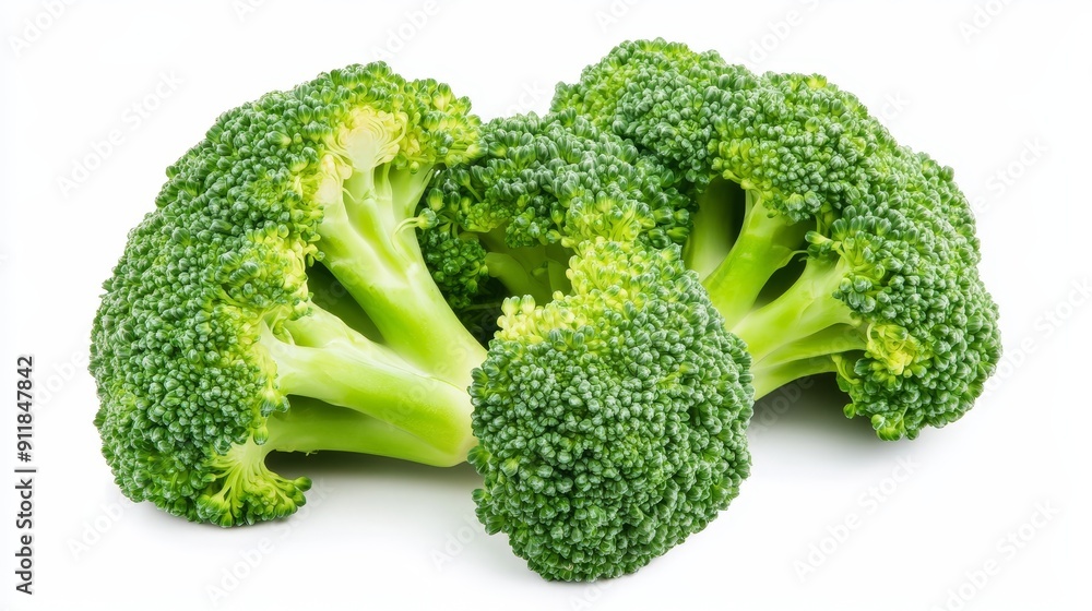 Detailed image of broccoli halves, emphasizing the contrast between the tightly packed florets and sturdy stalk. Isolated against a white background Detailed image of broccoli halves, emphasizing the contrast between the tightly packed florets and sturdy stalk. Isolated against a white background
