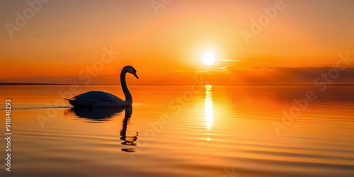 Fototapeta Naklejka Na Ścianę i Meble -  Silhouette of a beautiful swan bird in calm water at orange sunrise or sunset in the sea, swan, bird, silhouette, calm, water