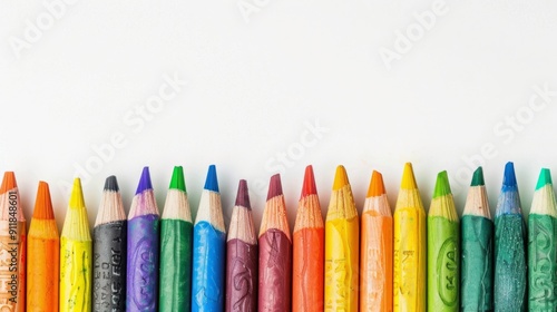 Row of crayons for art and craft on a white background generative ai