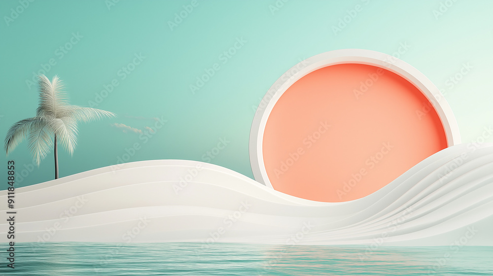 Fototapeta premium Minimalist beach scene with paper cut sun and palm tree, tropical vacation concept