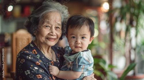 A joyful senior woman embraces a young child in a vibrant, warm indoor environment