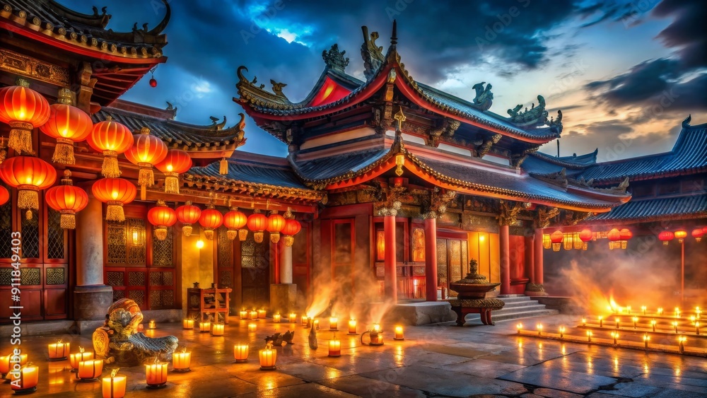 Chinese temple glowing in the nighttime with lanterns and incense burning , China, architecture, temple, night Chinese temple glowing in the nighttime with lanterns and incense burning , China, architecture, temple, night