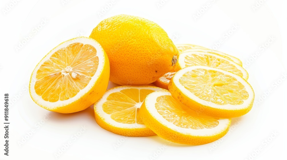 A whole lemon, cut in half and surrounded by thin slices. The arrangement showcases the freshness and zestiness of the fruit, isolated on white