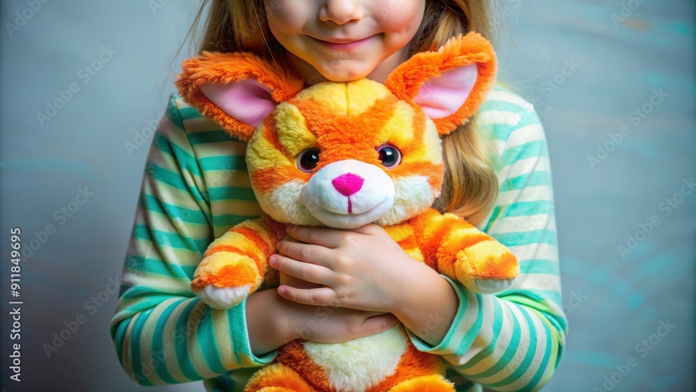 Neon-colored plush tiger bunny toy in the arms of a little girl, neon colors, plush toy, tiger bunny, little girl, stuffed animal Neon-colored plush tiger bunny toy in the arms of a little girl, neon colors, plush toy, tiger bunny, little girl, stuffed animal
