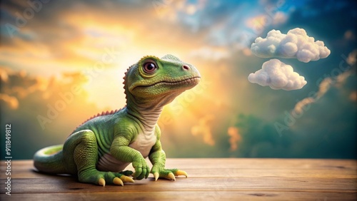 Fototapeta Naklejka Na Ścianę i Meble -  Playful baby dinosaur dreaming of adventure in a prehistoric world , dream, baby, dinosaur, fantasy, imagination, adventure
