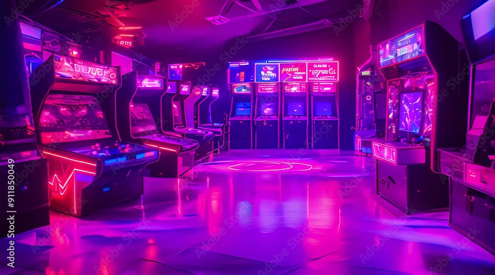 Arcade video games in an empty dark game room, with neon lights glowing softly, casting colorful reflections on the shiny floor Arcade video games in an empty dark game room, with neon lights glowing softly, casting colorful reflections on the shiny floor