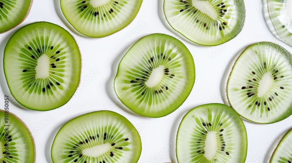 Fototapeta premium An artistic arrangement of kiwi slices, showcasing the radial pattern of seeds. The vibrant green tones stand out vividly on a clean white background