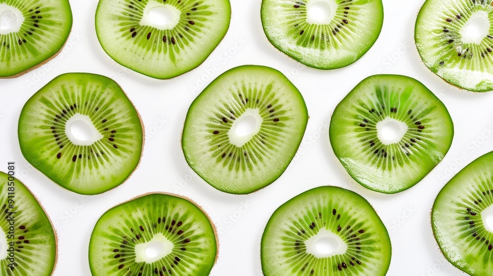 An artistic arrangement of kiwi slices, showcasing the radial pattern of seeds. The vibrant green tones stand out vividly on a clean white background An artistic arrangement of kiwi slices, showcasing the radial pattern of seeds. The vibrant green tones stand out vividly on a clean white background