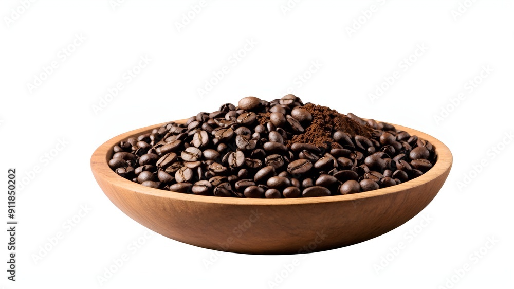 Roasted coffee beans with coffe powder in wooden bowl isolated on white background. Roasted coffee beans with coffe powder in wooden bowl isolated on white background.