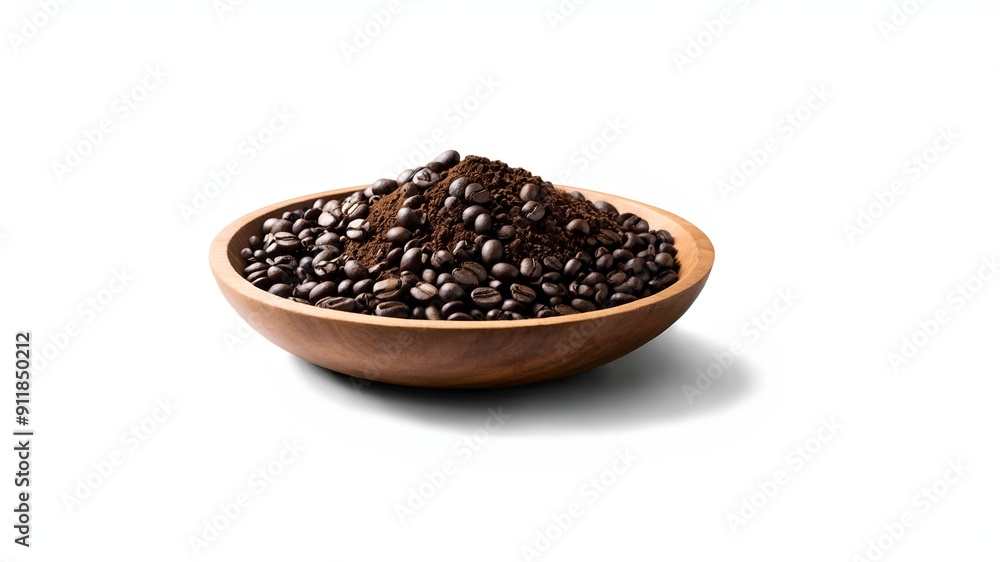 Roasted coffee beans with coffe powder in wooden bowl isolated on white background. Roasted coffee beans with coffe powder in wooden bowl isolated on white background.