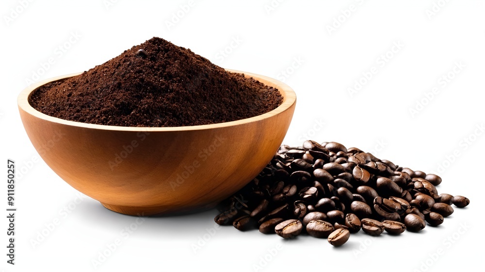 Roasted coffee beans with coffe powder in wooden bowl isolated on white background. Roasted coffee beans with coffe powder in wooden bowl isolated on white background.