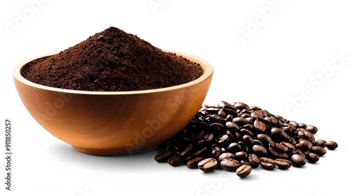 Roasted coffee beans with coffe powder in wooden bowl isolated on white background.