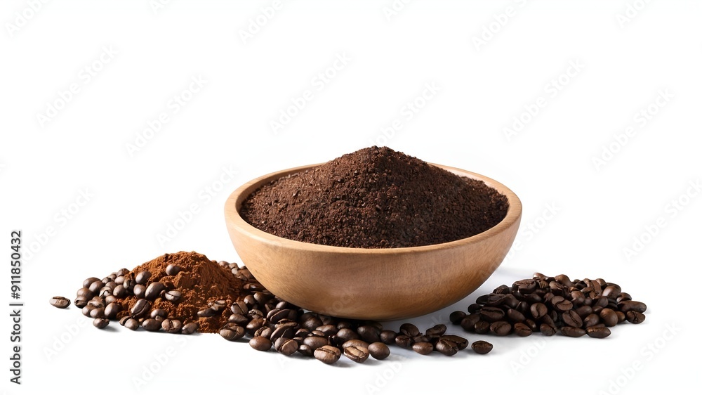 Roasted coffee beans with coffe powder in wooden bowl isolated on white background. Roasted coffee beans with coffe powder in wooden bowl isolated on white background.