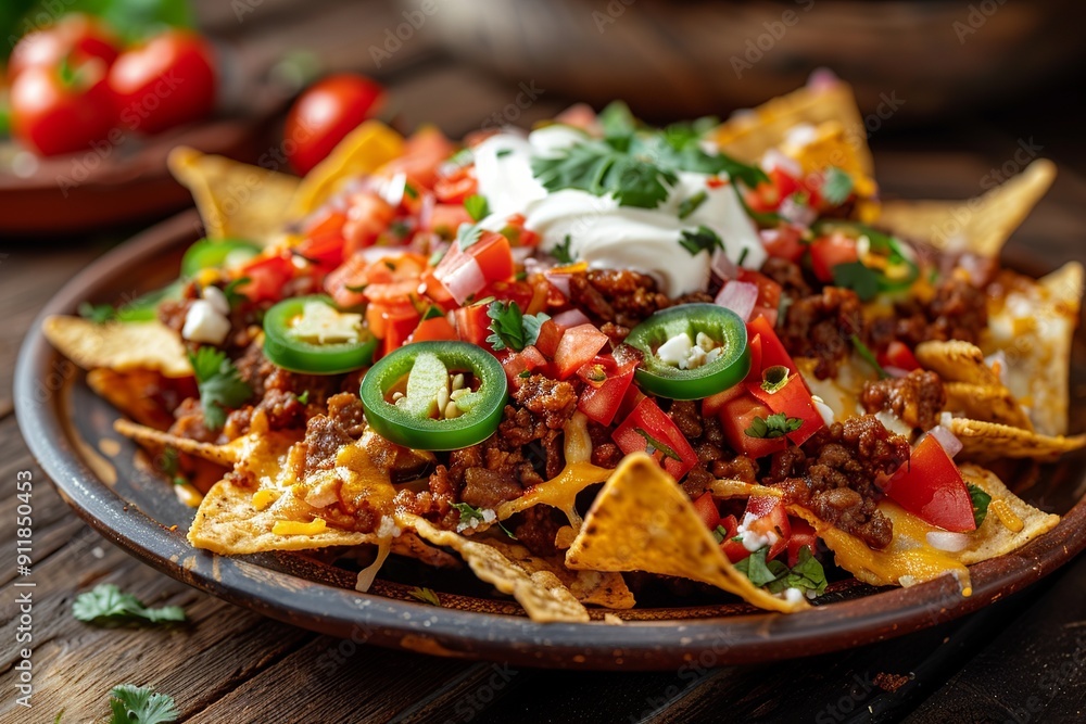 This atmospheric shot highlights the comfort and flavor of Beef Nachos, featuring rich seasoned beef, gooey cheese, spicy jalapenos, zesty salsa, and creamy sour cream on a bed of crispy tortilla chip This atmospheric shot highlights the comfort and flavor of Beef Nachos, featuring rich seasoned beef, gooey cheese, spicy jalapenos, zesty salsa, and creamy sour cream on a bed of crispy tortilla chip