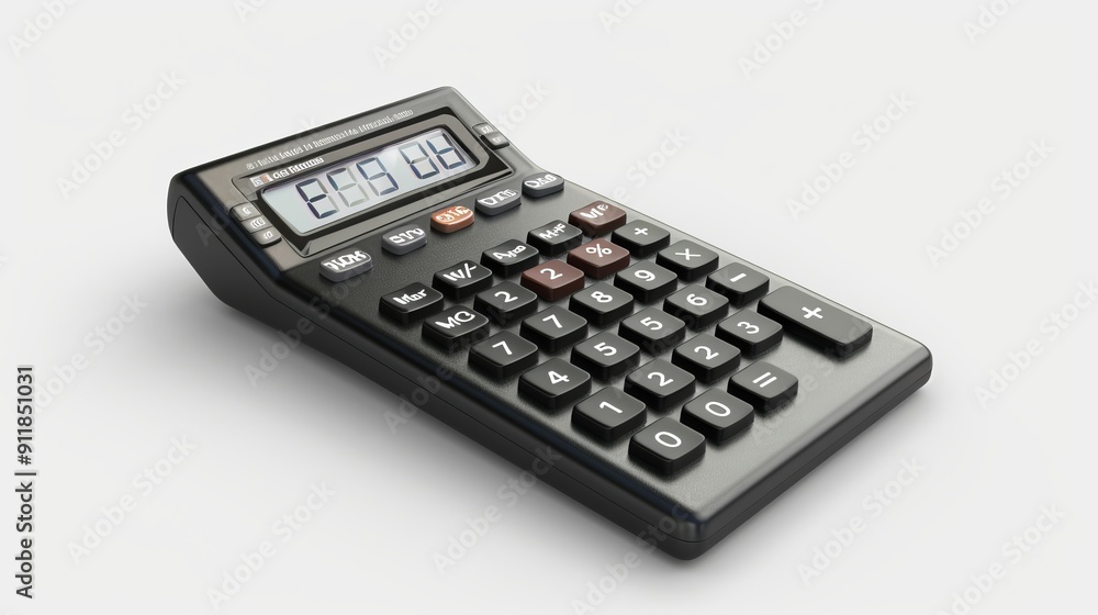 Sleek black calculator on light background perspective. Sleek black calculator on light background perspective.