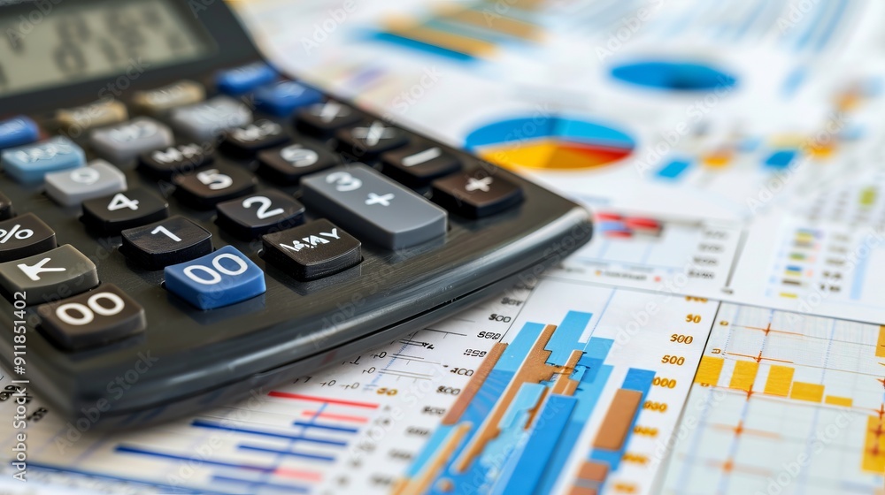 Close-up view of calculator on analytical charts. Close-up view of calculator on analytical charts.