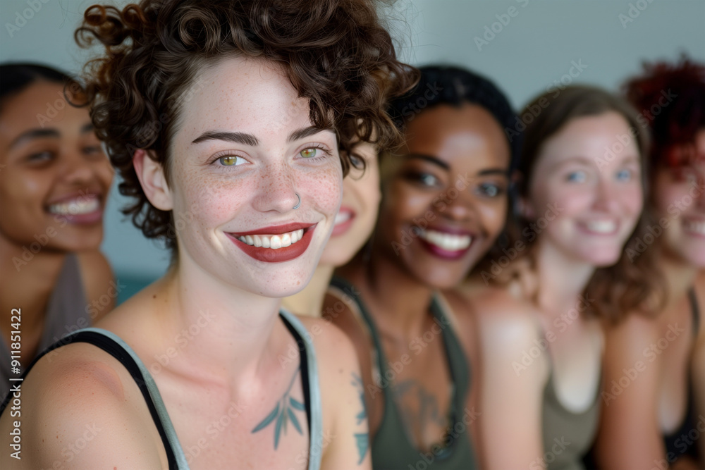 Fototapeta premium a multiethnic group of young women taking a photo, smiling and happy