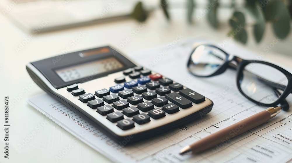Calculator, glasses, and pen on a work desk scene Calculator, glasses, and pen on a work desk scene
