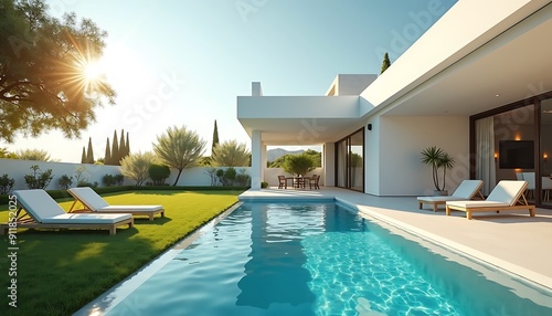 A beautiful white villa with a large lawn and swimming pool	