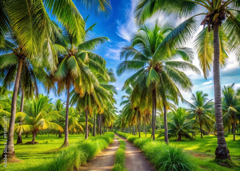 Serene tropical landscape of lush green coconut palm trees lining a meandering dirt path, surrounded by vibrant foliage and swaying fronds under clear blue sky. Serene tropical landscape of lush green coconut palm trees lining a meandering dirt path, surrounded by vibrant foliage and swaying fronds under clear blue sky.