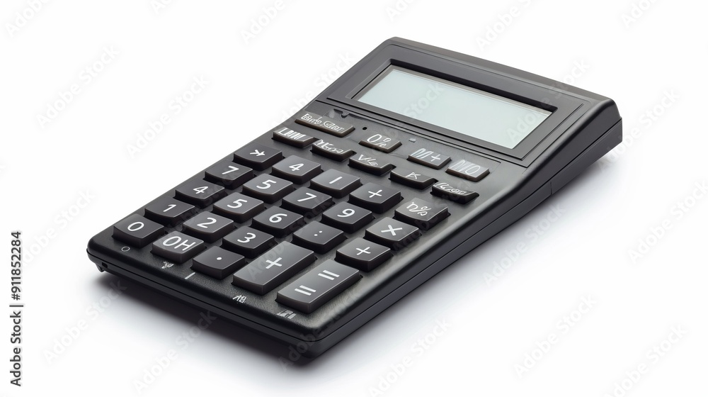 Black handheld calculator with a dark display screen. Black handheld calculator with a dark display screen.