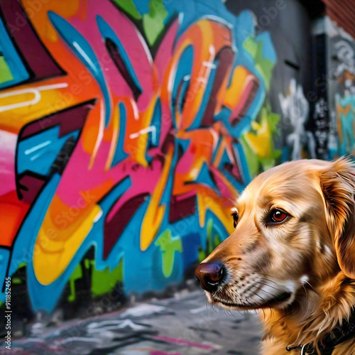 A close-up shot of a dog sitting in front of a colorful graffiti wall, with a curious expression, in a lively city setting, during the late afternoon, shot with a Leica Q2, 28mm lens, rich colors. photo