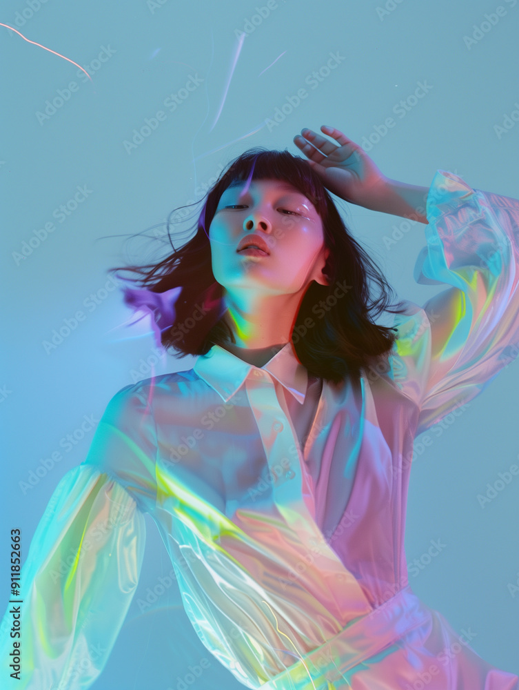 Dancer in Ethereal Light Against Soft Blue Background Expressing Movement and Emotion Dancer in Ethereal Light Against Soft Blue Background Expressing Movement and Emotion