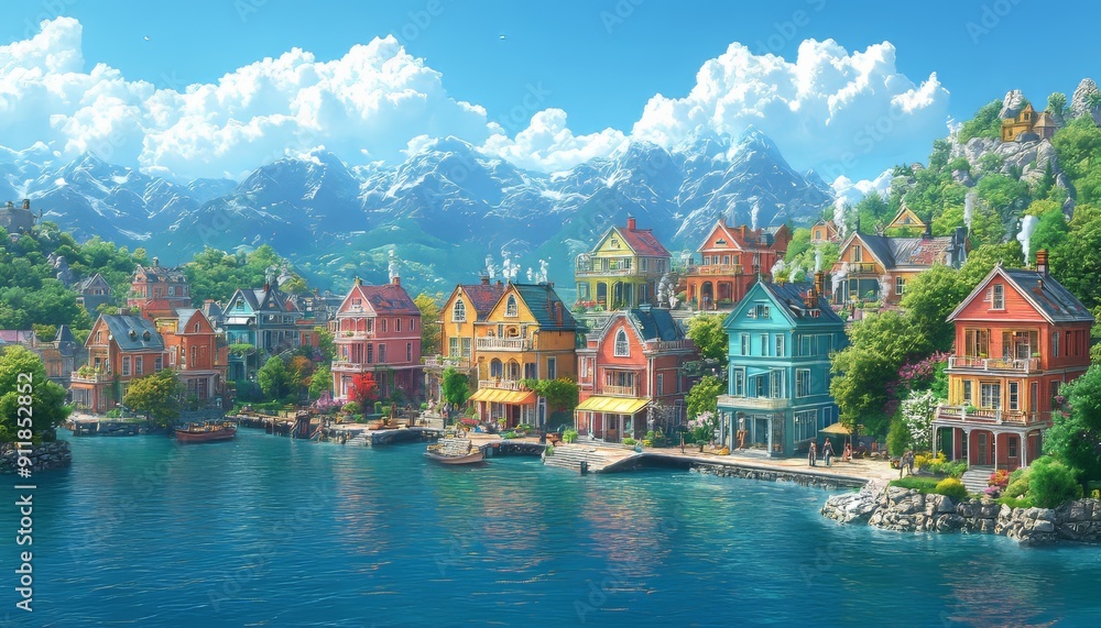 Obraz premium Cozy city, by calm ocean. Generative AI