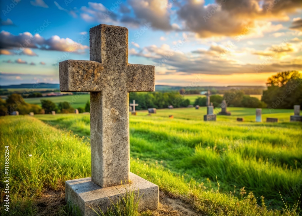 A weathered stone cross tombstone stands alone in a serene cemetery, symbolizing faith and devotion to a higher power in a peaceful rural landscape. A weathered stone cross tombstone stands alone in a serene cemetery, symbolizing faith and devotion to a higher power in a peaceful rural landscape.