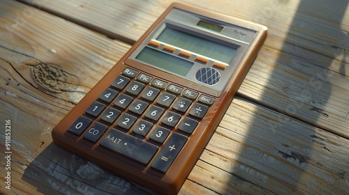 Wooden-framed calculator with digital display indoors. photo