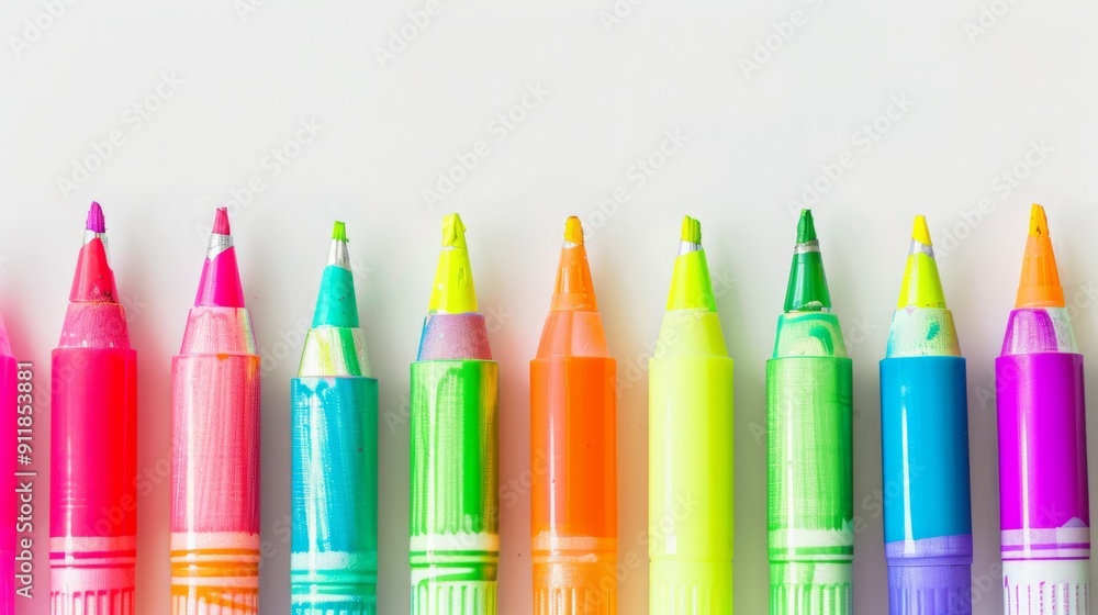 Row of highlighters for art and craft on a white background generative ai