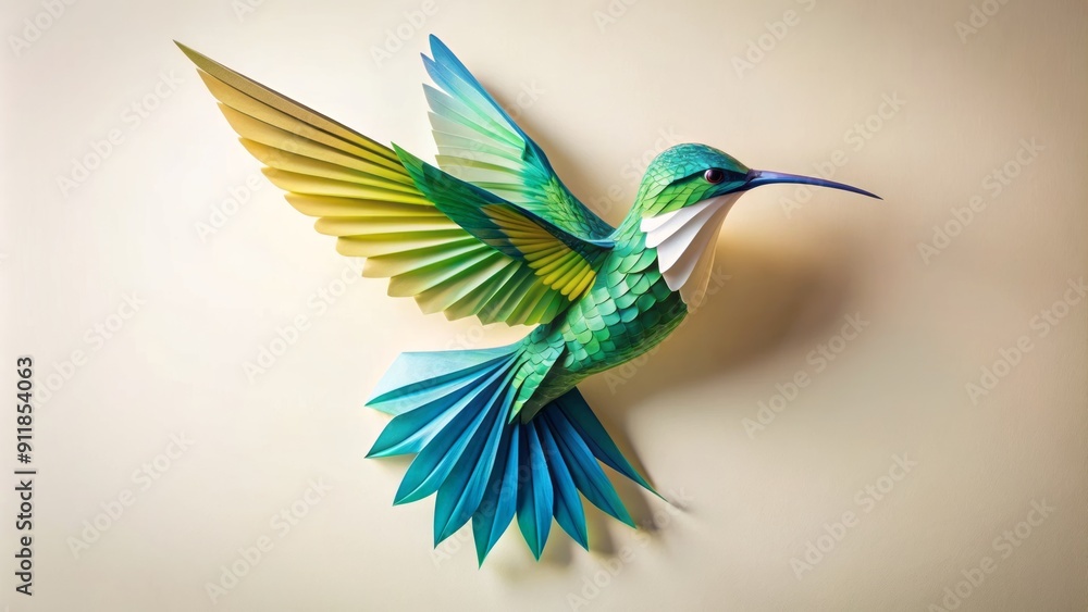 Obraz premium Delicate, intricately folded paper hummingbird in mid-air, vibrant green and blue hues glisten against a soft, creamy white background, conveying whimsy and gentle beauty.